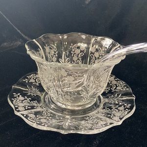 Fostoria Mayonnaise Bowl, Under Plate & Ladle (Baroque Shape) Meadow Rose